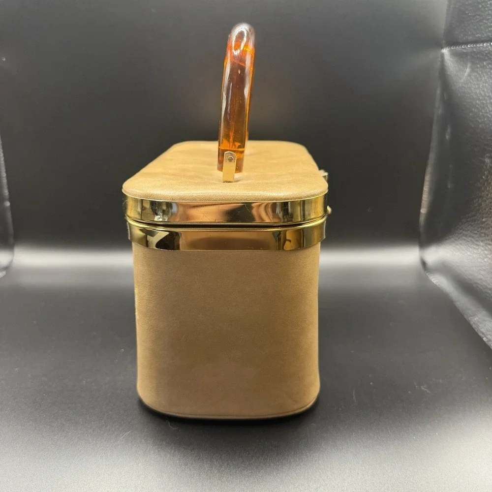 Vintage 1950's Camel Colored Florida Box Purse w/ Amber Lucite Handle MCM
